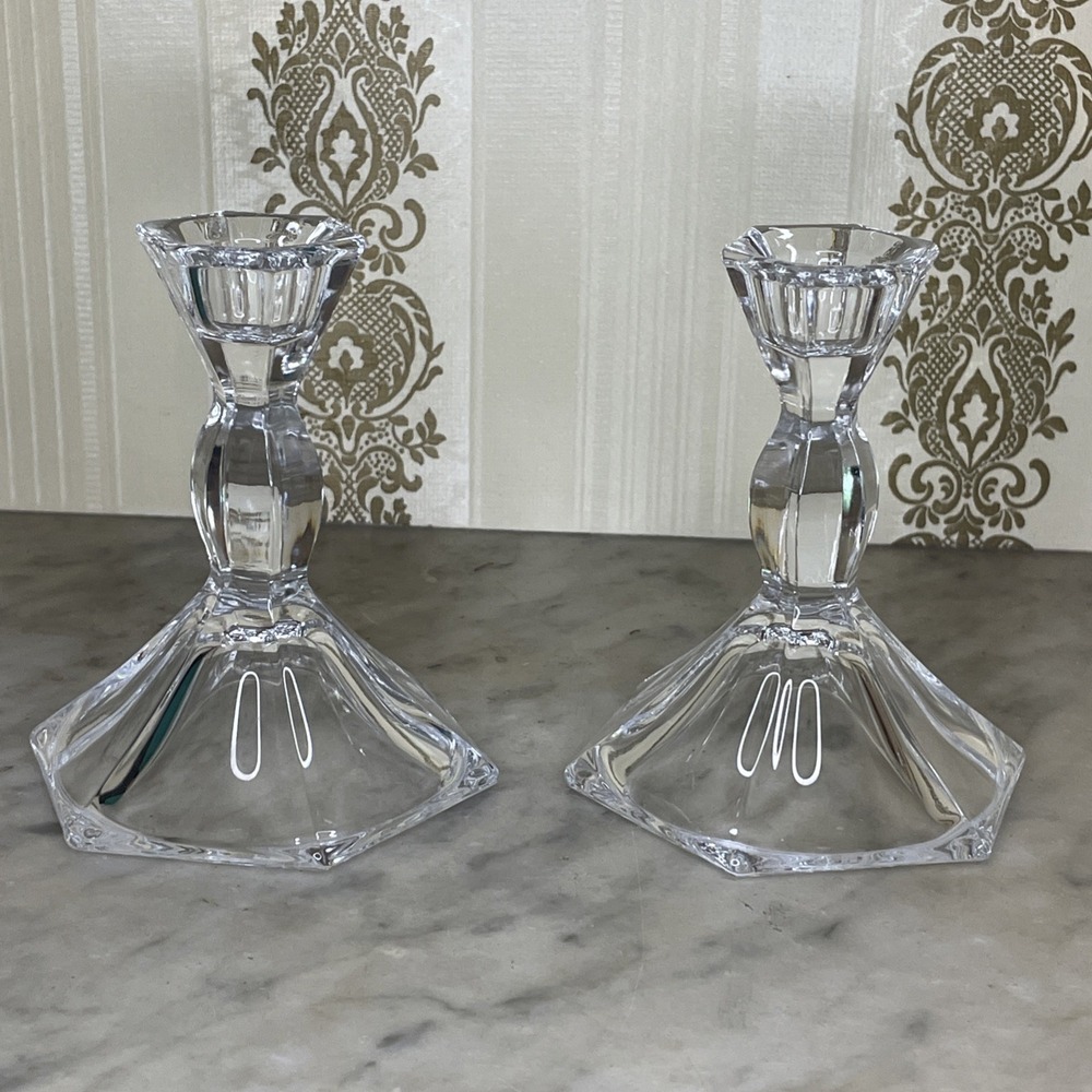 Pair 24% Lead Crystal Geometric Hexagon Base Taper Candlestick Holders 4/4.5"